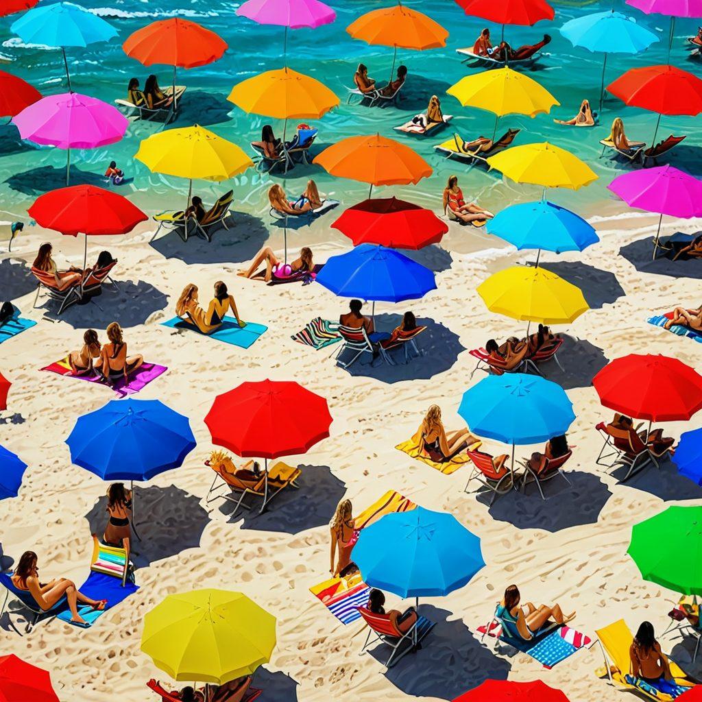 A sun-soaked beach scene featuring a diverse group of women wearing the latest trendy bikinis, showcasing various styles, colors, and patterns. Include colorful beach umbrellas and sun loungers, with vibrant blue ocean waves in the background. A playful and inviting atmosphere, capturing the essence of summer fun. high saturation, vibrant colors, realistic style.