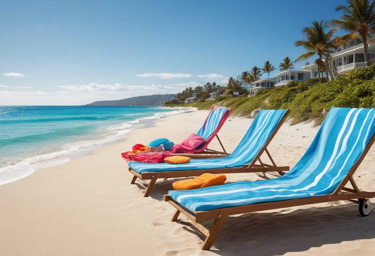 A stylish beach scene featuring trendy swimsuits and accessories, with vibrant beach towels draped on lounge chairs, sun hats, and oversized sunglasses scattered around. Include a clear blue ocean in the background and sunbathers enjoying the sun. Maintain a lively atmosphere with summer vibes. vivid colors. super-realistic. warm sunlight.